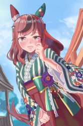 Rule 34 | 1girl, absurdres, animal ears, blurry, blurry background, blush, brown eyes, collarbone, commentary request, fidgeting, hair ornament, highres, horse ears, horse girl, japanese clothes, kaninoto, kimono, long hair, looking at viewer, medium hair, nice nature (converging wishes) (umamusume), nice nature (umamusume), official alternate costume, official alternate hairstyle, open mouth, outdoors, red hair, shrine, solo, sparkle, umamusume