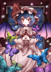Rule 34 | 1girl, absurdres, ascot, blue butterfly, blue hair, blush, bug, butterfly, collar, collared dress, commentary, cross, demon wings, dress, eyelashes, frilled collar, frilled sleeves, frills, frown, gradient hair, green butterfly, hair between eyes, hat, hat ribbon, highres, insect, interlocked fingers, latin cross, long sleeves, looking at viewer, mob cap, momo-squra-1115, multicolored hair, own hands together, parted lips, pink dress, pink hat, puffy sleeves, purple butterfly, purple hair, purple wings, red ascot, red collar, red eyes, red ribbon, remilia scarlet, ribbon, sky, slit pupils, solo, star (sky), starry sky, straight-on, touhou, wide sleeves, window, wings
