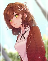 Rule 34 | 1girl, blue sky, blurry, blurry background, border, brown hair, chiisaisan, closed mouth, earrings, green eyes, hair ornament, highres, jacket, jewelry, lips, long hair, long sleeves, looking at viewer, outdoors, pink shirt, polo shirt, red jacket, rosa (tears of themis), shirt, sky, smile, solo, tears of themis