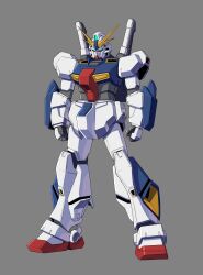 Rule 34 | arms at sides, clenched hands, commentary request, full body, green eyes, grey background, gundam, gundam: twilight axis, gundam tristan, highres, legs apart, mecha, mecha focus, mobile suit, no humans, robot, science fiction, simple background, solo, standing, takaba akinori, v-fin