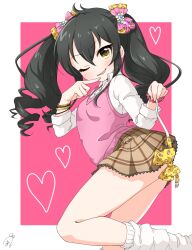 Rule 34 | 1girl, animal print, black hair, blush, border, bow, breasts, brown skirt, dot nose, frilled skirt, frills, from side, funxy k, glint, hair between eyes, hair bow, hair ribbon, hands up, heart, highres, holding, holding ribbon, idolmaster, idolmaster cinderella girls, idolmaster cinderella girls starlight stage, index finger raised, leg up, leopard print, long hair, long sleeves, looking at viewer, loose socks, matoba risa, miniskirt, multiple bracelets, one eye closed, open mouth, outside border, pink background, pink ribbon, pink scrunchie, pink sweater vest, plaid, plaid skirt, pleated skirt, print ribbon, ribbon, scrunchie, shirt, signature, simple background, skirt, small breasts, smile, socks, solo, standing, standing on one leg, sweater vest, twintails, white border, white shirt, white socks, wrist scrunchie, yellow eyes, yellow ribbon