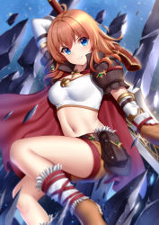 Rule 34 | 1girl, ahoge, arm up, bad id, bad twitter id, belt, belt pouch, blue eyes, boots, breasts, brown footwear, brown shorts, cape, crop top, highres, holding, holding sword, holding weapon, long hair, looking at viewer, medium breasts, midriff, muimi (princess connect!), navel, orange hair, pouch, princess connect!, shirt, short shorts, short sleeves, shorts, smile, solo, stomach, sword, thighs, v-shaped eyebrows, weapon, white shirt, wsman