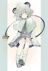 Rule 34 | 1girl, animal, animal ears, basket, black footwear, capelet, closed mouth, full body, grey hair, grey skirt, grey vest, invisible chair, jewelry, kiguchiko, layered clothes, long sleeves, looking at viewer, mouse, mouse ears, mouse girl, mouse tail, nazrin, pendant, shirt, short hair, simple background, sitting, skirt, skirt set, socks, tail, touhou, vest, white shirt, white socks