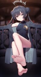 Rule 34 | 1girl, absurdres, bare legs, barefoot, black dress, black hair, blue archive, blush, breasts, china dress, chinese clothes, coat, couch, double bun, dragon print, dress, feet, feet up, foot focus, grey halo, hair between eyes, hair bun, halo, highres, jacket, kam-ja, kisaki (blue archive), legs, long hair, long sleeves, looking at viewer, parted lips, pinstripe jacket, pinstripe pattern, print dress, sidelocks, single bare shoulder, sitting, sleeveless, sleeveless dress, small breasts, soles, solo, striped, striped coat, thighs, toes, twintails, very long hair