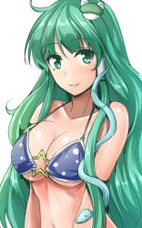 Rule 34 | 1girl, adapted costume, bikini, breasts, cleavage, closed mouth, collarbone, frog hair ornament, green eyes, green hair, hair ornament, hair tubes, halterneck, halterneck, highres, kochiya sanae, large breasts, long hair, looking at viewer, matching hair/eyes, navel, o-ring, o-ring bikini, one-hour drawing challenge, smile, snake hair ornament, solo, star (symbol), stomach, swimsuit, touhou, underboob, upper body, white background, y2