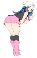 Rule 34 | 00s, 1girl, :d, ass, bad id, bad twitter id, bare shoulders, beanie, black socks, blue eyes, blue hair, blush, boots, bracelet, creatures (company), dawn (pokemon), endou masatoshi, female focus, from behind, full body, game freak, hair ornament, hand on own knee, hat, jewelry, kneehighs, kneepits, leaning forward, legs, long hair, looking at viewer, looking back, matching hair/eyes, miniskirt, nintendo, open mouth, pink footwear, pink skirt, pokemon, pokemon dppt, scarf, simple background, skirt, sleeveless, smile, socks, solo, v, white background
