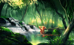 Rule 34 | 1girl, bathing, breasts, female focus, forest, hands on own head, long hair, medium breasts, nature, no lineart, nudist, outdoors, plant, red hair, river, sakimichan, scenery, solo, tree, very long hair, water, zenra