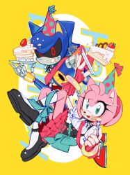 Rule 34 | 1boy, 1girl, 3mia hadi3, amy rose, animal nose, bow, breasts, buttons, cake, cake slice, food, fork, furry, furry female, green eyes, highres, holding, holding fork, kneehighs, looking at viewer, medium breasts, metal sonic, plate, red bow, red skirt, robot, shirt, shoes, skirt, socks, sonic (series), tongue, tongue out, white shirt