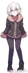 Rule 34 | 1girl, absurdres, alternate costume, bad id, bad pixiv id, black footwear, black jacket, black pants, blush, boots, brown sweater, closed mouth, scar on face, fate/apocrypha, fate (series), full body, fur-trimmed jacket, fur-trimmed sleeves, fur trim, green eyes, head tilt, highres, jack the ripper (fate/apocrypha), jacket, long sleeves, looking at viewer, nose blush, pants, scar, scar across eye, scar on cheek, scar on face, short hair, simple background, sketch, smile, solo, standing, sweater, wada kazu, white background, white hair