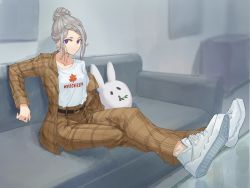 Rule 34 | 1girl, belt, black belt, blurry, blurry background, braid, breasts, brown jacket, brown pants, character request, chinese commentary, closed mouth, clothes writing, collarbone, copyright request, couch, expressionless, fomerlin, grey hair, hair bun, highres, higuchi kaede, higuchi kaede (12th costume), indoors, jacket, leaf print, long sleeves, looking at viewer, medium breasts, nijisanji, pants, plaid, plaid jacket, plaid pants, purple eyes, shirt, shoes, short hair, sidelocks, single braid, sitting, sneakers, solo, stuffed animal, stuffed rabbit, stuffed toy, virtual youtuber, white footwear, white shirt