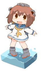 Rule 34 | 1girl, black socks, blue sailor collar, brown eyes, brown hair, commentary request, dress, full body, hanomido, headgear, headset, highres, isometric, kantai collection, looking at viewer, neckerchief, open mouth, rudder footwear, sailor collar, sailor dress, short hair, simple background, smile, socks, solo, speaking tube headset, standing, standing on liquid, water, white background, yellow neckerchief, yukikaze (kancolle)