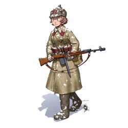 Rule 34 | 1girl, absurdres, ammunition pouch, belt, boots, brown hair, coat, collar tabs, full body, gloves, gun, gun sling, hat, highres, holding, holding gun, holding weapon, long sleeves, military, military coat, military hat, military uniform, original, ostwindprojekt, pants, pouch, red star, rifle, russia, short hair, simple background, snow, soldier, solo, soviet, soviet army, star (symbol), uniform, weapon, white background, world war ii
