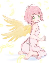 Rule 34 | 1girl, angel, angel wings, barefoot, blush, dress, feathers, feet, green eyes, harpy (puyopuyo), highres, jazz grace, looking at viewer, madou monogatari, open mouth, pink hair, puyopuyo, short hair, simple background, sitting, soles, solo, toes, white background, white dress, wings, yellow wings