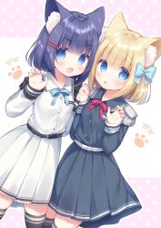 Rule 34 | 2girls, :d, :o, animal ear fluff, animal ears, belt, belt buckle, black belt, black hair, black legwear, blonde hair, blue bow, blue eyes, blush, bow, buckle, cat ears, claw pose, collared shirt, commentary request, dress shirt, epaulettes, fang, grey shirt, grey skirt, hair bow, hair ornament, hairclip, holding hands, hands up, highres, interlocked fingers, long sleeves, looking at viewer, multiple girls, open mouth, parted lips, pink background, pleated skirt, polka dot, polka dot background, rukiroki, sasugano roki, sasugano ruki, shirt, skirt, sleeves past wrists, smile, thighhighs, two-tone background, usashiro mani, virtual youtuber, white background, white belt, white shirt, white skirt