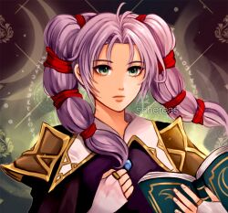 Rule 34 | 1girl, armor, artist name, book, boots, clenched hand, closed mouth, commentary, commission, english commentary, expressionless, fire emblem, fire emblem: genealogy of the holy war, green eyes, highres, holding, holding book, long hair, looking at viewer, nintendo, open book, purple hair, schereas, shoulder armor, solo, tine (fire emblem), twintails, upper body