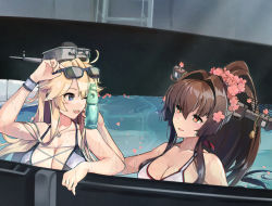 Rule 34 | 2girls, bikini, blonde hair, blue eyes, breasts, brown eyes, brown hair, cherry blossoms, deck, eyewear on head, flower, hair flower, hair ornament, headgear, himeyamato, inflatable toy, iowa (kancolle), kantai collection, ladder, large breasts, long hair, multiple girls, ponytail, pool, railing, ramune, self-upload, star-shaped pupils, star (symbol), striped bikini, striped clothes, sunglasses, swimsuit, symbol-shaped pupils, water, white bikini, yamato (kancolle)