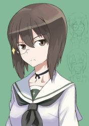 Rule 34 | 10s, 1girl, absurdres, black eyes, black hair, black neckerchief, black ribbon, blouse, closed mouth, commentary request, expressions, girls und panzer, green background, highres, jinguuji (jinguji443), kawashima momo, long sleeves, looking at viewer, monocle, neck ribbon, neckerchief, ooarai school uniform, portrait, ribbon, school uniform, serafuku, shimada fumikane (style), shirt, short hair, simple background, solo, sparkle, white shirt