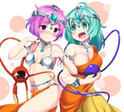 Rule 34 | 2girls, :d, alternate costume, armlet, bare shoulders, blush, breasts, choker, cleavage, collarbone, cosplay, cowboy shot, dancer, dragon quest, dragon quest iv, eyeball, green eyes, green hair, groin, headgear, heart, highres, hitotsuki nebura, indian clothes, komeiji koishi, komeiji satori, large breasts, locked arms, looking at another, looking at viewer, looking down, manya (cosplay), manya (dq4), minea (cosplay), minea (dq4), multiple girls, navel, nose blush, open mouth, pelvic curtain, purple eyes, purple hair, revealing clothes, siblings, sisters, small breasts, smile, thighs, third eye, touhou, white background