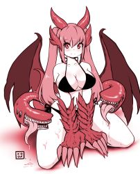 Rule 34 | 1girl, absurdres, bikini, breasts, claws, cleavage, dragon girl, extra mouth, highres, jabberwock (monster girl encyclopedia), kenron toqueen, looking at viewer, monster girl, monster girl encyclopedia, saliva, swimsuit, thick thighs, thighs, tongue, wide hips, wings