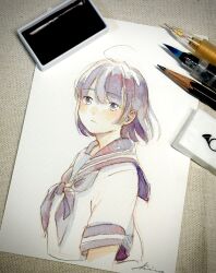 Rule 34 | 1girl, aose kiiro, art tools in frame, closed mouth, from side, fudepen (medium), highres, looking at viewer, looking to the side, neckerchief, original, purple hair, purple sailor collar, sailor collar, school uniform, serafuku, short hair, short sleeves, signature, simple background, solo, upper body, white background