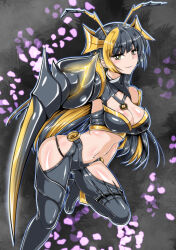 Rule 34 | 1girl, absurdres, arm blade, black bra, black hair, blonde hair, bra, breasts, cleavage, clothing cutout, duel monster, fake antennae, falling petals, foot out of frame, gauntlets, highres, long hair, medium breasts, midriff, mitsu the insect ninja, mole, mole under mouth, multicolored hair, navel, needle, petals, revealing clothes, sangyou haikibutsu a, solo, thigh cutout, thong, underwear, very long hair, weapon, yellow eyes, yu-gi-oh!