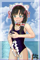 Rule 34 | 1girl, assault lily, black hair, breasts, cleavage, green eyes, highres, one-piece swimsuit, school swimsuit, swimsuit, wang yujia