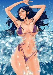 Rule 34 | 1girl, ass, bare arms, bare shoulders, bikini, black hair, blue eyes, breasts, curvy, kakutou oukoku, large breasts, navel, nico robin, ocean, ohcock, one eye closed, one piece, outdoors, ponytail, sky, splashing, stomach, swimsuit, thick thighs, thighs, water, wide hips
