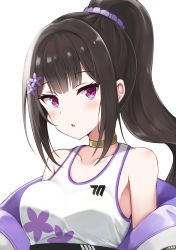 Rule 34 | 1girl, black hair, blue archive, chestnut mouth, choker, floral print, flower, green choker, hair flower, hair ornament, hair scrunchie, highres, jacket, light blush, long hair, looking at viewer, off shoulder, open clothes, open jacket, parted lips, ponytail, purple eyes, purple flower, scrunchie, shimejirou (000kk), simple background, solo, sports bra, sumire (blue archive), upper body, white background, white sports bra