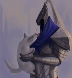 Rule 34 | 1boy, :p, aged down, animal, armor, artorias the abysswalker, breastplate, dark souls (series), dark souls i, dog, gauntlets, great grey wolf sif, helmet, highres, holding, holding animal, holding dog, pauldrons, plume, puppy, shoulder armor, sleepysolaire, tail, tail wagging, tongue, tongue out, wolf
