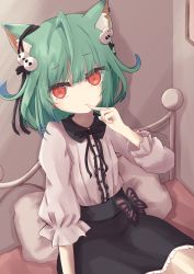 Rule 34 | 1girl, ahoge, animal ear fluff, animal ears, black bow, black skirt, blue hair, bow, cat ears, center frills, closed mouth, collared shirt, commentary request, dress shirt, ear piercing, earrings, finger to mouth, frills, green hair, hand up, highres, hololive, indoors, jewelry, on bed, piercing, pillow, red eyes, ridy (ri sui), shirt, sitting, skirt, solo, uruha rushia, virtual youtuber, white shirt