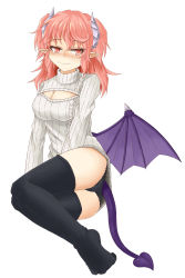 Rule 34 | 1girl, aran sweater, bat wings, black panties, black thighhighs, blush, breasts, cable knit, cleavage, cleavage cutout, closed mouth, clothing cutout, demon girl, female focus, highres, horns, lace, lace-trimmed panties, lace trim, large breasts, long hair, looking at viewer, meme attire, monster girl, monster girl encyclopedia, no pants, open-chest sweater, original, panties, pink eyes, pink hair, pointy ears, ribbed sweater, short hair, smile, solo, sora (sunday sky), succubus (monster girl encyclopedia), sweater, tail, thighhighs, turtleneck, underwear, wings