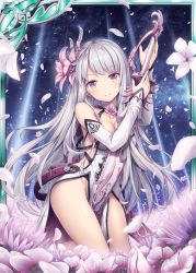Rule 34 | 1girl, akkijin, bare shoulders, breasts, card (medium), flower, garden, hair flower, hair ornament, holding, holding weapon, long hair, looking at viewer, medium breasts, night, night sky, official art, petals, pink eyes, seiza, shinkai no valkyrie, silver hair, sitting, sky, star (sky), starry sky, sword, weapon, weapon bag