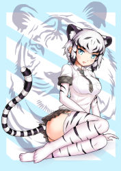 Rule 34 | 10s, 1girl, absurdres, animal ears, animal print, arm support, ass, black hair, blue eyes, breasts, elbow gloves, fang, fang out, full body, garter straps, gloves, highres, kemono friends, looking at viewer, medium breasts, miniskirt, multicolored hair, necktie, no panties, plaid, plaid necktie, plaid neckwear, plaid skirt, pleated skirt, shirt, short hair, sitting, skirt, solo, striped tail, tail, thighhighs, tiger, tiger ears, tiger tail, white gloves, white hair, white shirt, white thighhighs, white tiger, white tiger (kemono friends), white tiger print, xiguaex, yokozuwari