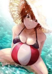 Rule 34 | 1girl, absurdres, akito (d30n26), ball, bare shoulders, barefoot, beachball, bikini, black bikini, blush, breast press, breasts, brown eyes, cleavage, collarbone, from above, hair between eyes, halterneck, hat, highres, large breasts, looking at viewer, orange hair, original, outdoors, parted lips, pink lips, short hair, sitting, solo, straw hat, sun hat, swimsuit, water, wet