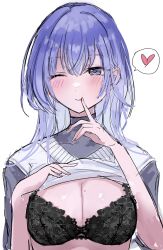 Rule 34 | 1girl, ;), black bra, blue hair, blush, bra, breasts, cleavage, clothes lift, embroidered bra, finger to mouth, grey shirt, heart, highres, idolmaster, idolmaster shiny colors, large breasts, looking at viewer, mole, mole on breast, no47x x, one eye closed, shirt, shirt lift, simple background, sketch, smile, solo, spoken heart, suzuki hana, underwear, upper body, vest, white background, white vest