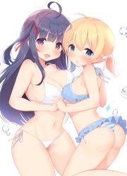 Rule 34 | 2girls, :d, :o, ahoge, asymmetrical docking, bare arms, bare shoulders, bikini, black hair, blonde hair, blue eyes, blush, breast press, breasts, commentary request, fang, frilled bikini, frills, hair between eyes, highres, holding hands, interlocked fingers, kagerou (shadowmage), large breasts, long hair, multiple girls, navel, open mouth, original, parted lips, red eyes, side-tie bikini bottom, simple background, smile, striped bikini, striped clothes, swimsuit, two side up, very long hair, white background, white bikini