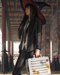 Rule 34 | 6+girls, absurdres, black cloak, black eyes, black hair, black headwear, black jacket, black neckwear, black pants, breasts, cloak, clock, closed mouth, collared shirt, day, guweiz, hat, highres, holding, jacket, long hair, looking away, multiple girls, necktie, open clothes, open jacket, original, outdoors, pants, shirt, small breasts, solo focus, standing, suitcase, wall clock, white shirt, witch, witch hat