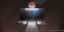 Rule 34 | 1girl, aurahack, covering own mouth, hair over one eye, lens flare, light, mirror, orange hair, signature, solo, upper body, watermark, web address, yellow eyes