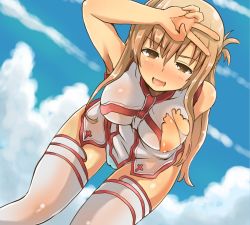 Rule 34 | 10s, 1girl, asuna (sao), blush, breasts, brown eyes, brown hair, cloud, cloudy sky, day, dutch angle, dyson (edaokunnsaikouya), dyson giga drain, hand on own head, large breasts, leaning forward, long hair, nipple slip, nipples, open mouth, panties, see-through, see-through silhouette, sky, solo, sword art online, thighhighs, torn clothes, underwear, v, white panties, white thighhighs
