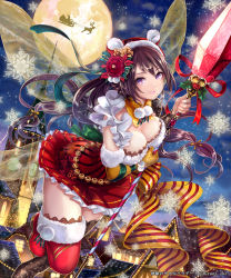 Rule 34 | 1girl, boots, brown hair, christmas, full moon, fur-trimmed boots, fur boots, fur trim, highres, long hair, mole, mole under mouth, moon, official art, pisuke, purple eyes, red footwear, red thighhighs, reindeer, santa boots, santa costume, shingoku no valhalla gate, silhouette, sleigh, solo, staff, thigh boots, thighhighs
