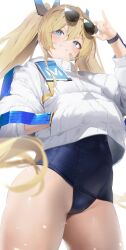 Rule 34 | 1girl, absurdres, adjusting eyewear, bandaid, bandaid on face, blonde hair, blue eyes, blue one-piece swimsuit, blush, eyewear on head, from below, goddess of victory: nikke, hair between eyes, hand in pocket, headgear, highres, jacket, laplace (nikke), long hair, looking at viewer, nine (kanine41), one-piece swimsuit, simple background, smile, solo, sunglasses, swimsuit, thighs, twintails, very long hair, white background, white jacket