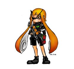 Rule 34 | 1girl, arm at side, asymmetrical gloves, belt, belt pouch, black footwear, black gloves, black scarf, black shorts, blunt bangs, closed mouth, deculture, eyepatch, fang, fang out, fingerless gloves, full body, gloves, highres, holding, holding weapon, inkling, inkling girl, inkling player character, metal gear (series), metal gear solid v: the phantom pain, mismatched gloves, nintendo, no socks, one eye covered, orange eyes, orange hair, pouch, red gloves, scar, scar across eye, scar on face, scarf, serious, shoes, shorts, simple background, single fingerless glove, splatoon (series), splatoon 1, standing, thick eyebrows, venom snake, water gun, weapon, white background