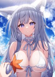 Rule 34 | 1girl, 1other, animal ear fluff, animal ears, azur lane, bare shoulders, bikini, blue sky, blurry, blurry background, blush, breasts, cleavage, cloud, cloudy sky, collarbone, commentary request, day, depth of field, front-tie bikini top, front-tie top, grey hair, hair between eyes, hand up, highres, horizon, large breasts, looking at viewer, ocean, outdoors, purple eyes, shinano (azur lane), shinano (dreamy white sands) (azur lane), sky, solo focus, starfish, swimsuit, t@ke-g, tears, upper body, water, white bikini