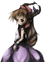 Rule 34 | 1girl, bow, brown eyes, brown hair, chain, cusui, expressionless, female focus, hair bow, highres, horns, ibuki suika, long skirt, simple background, skirt, solo, touhou