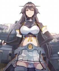 Rule 34 | 1girl, bad id, bad twitter id, black gloves, black hair, boots, breasts, coat, elbow gloves, garter straps, gloves, hand on own hip, headgear, highres, kantai collection, kasumi (skchkko), large breasts, long hair, machinery, midriff, miniskirt, nagato (kancolle), nagato kai ni (kancolle), navel, partially fingerless gloves, pleated skirt, red eyes, rigging, sakuramon, simple background, skirt, solo, thigh boots, thighhighs, white background, white skirt
