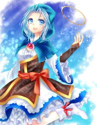 Rule 34 | 1girl, :d, ankle boots, bad id, bad pixiv id, blue background, blue eyes, blue hair, boots, bridal gauntlets, brooch, footwear ribbon, frilled skirt, frills, glint, gradient background, high heel boots, high heels, highres, hood, hoop, jewelry, kesa, kumoi ichirin, kuyuru (vocalo520), long sleeves, looking at viewer, matching hair/eyes, open mouth, petticoat, ribbon, sash, shippou (pattern), short hair, skirt, smile, solo, touhou, weapon