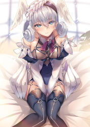 Rule 34 | 1girl, bare shoulders, blue dress, blue eyes, blue thighhighs, blush, braid, breasts, closed mouth, crown braid, curly hair, dress, hair between eyes, head wings, headband, inoue takuya (tactactak), large breasts, long hair, looking at viewer, medium hair, melia antiqua, nintendo, short dress, silver hair, sitting, smile, solo, tagme, thighhighs, thighs, wings, xenoblade chronicles: future connected, xenoblade chronicles (series), xenoblade chronicles 1