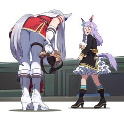 Rule 34 | 2girls, absurdres, animal ears, armband, black coat, black footwear, blush, boots, bow, bowing, clothing cutout, coat, ear bow, gloves, gold ship (umamusume), grey hair, hat, unworn hat, unworn headwear, high heel boots, high heels, highres, holding, holding clothes, holding hat, horse ears, horse girl, horse tail, jacket, long hair, long sleeves, looking at another, mejiro mcqueen (umamusume), multiple girls, nishiki kazue, open mouth, pants, purple hair, red jacket, sweatdrop, tail, tail through clothes, thigh strap, umamusume, white footwear, white gloves, white pants, wide-eyed