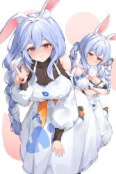 Rule 34 | 2girls, absurdres, animal ear fluff, animal ears, black bodysuit, black gloves, blue hair, blush, bodysuit, braid, braided ponytail, breasts, carrot in pocket, cleavage, crossed arms, detached sleeves, don-chan (usada pekora), dress, fur-trimmed dress, fur-trimmed gloves, fur trim, gloves, highres, hololive, large breasts, leotard, leotard under clothes, long hair, looking at viewer, mature female, medium breasts, mother and daughter, multicolored hair, multiple girls, pekomama, phytoncide, rabbit-shaped pupils, rabbit ears, rabbit girl, red eyes, short eyebrows, smile, symbol-shaped pupils, twin braids, two-tone hair, usada pekora, usada pekora (1st costume), very long hair, virtual youtuber, white dress, white hair, white sleeves
