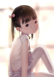 Rule 34 | 1girl, arm at side, backlighting, bad id, bad pixiv id, bell, blunt bangs, blurry, blurry background, blush, bow, brown eyes, child, choker, closed mouth, denim, depth of field, earrings, feet out of frame, from side, hair bow, hideousbeing, jewelry, jingle bell, knee up, looking at viewer, looking to the side, neck bell, original, overalls, pink bow, shirt, short hair, short sleeves, sitting, solo, stud earrings, thighhighs, twintails, white shirt, white thighhighs